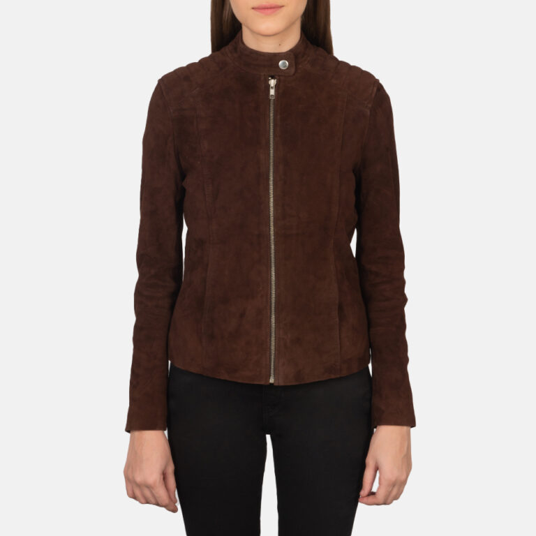 Womens Kelsee Mocha Suede Biker Jacket Close Front-5-1659375784575
